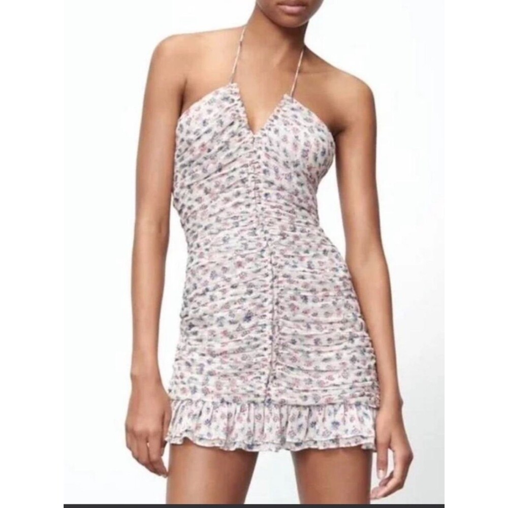 Zara Dress Metallic Thread Draped Print Floral Halter Dress Small